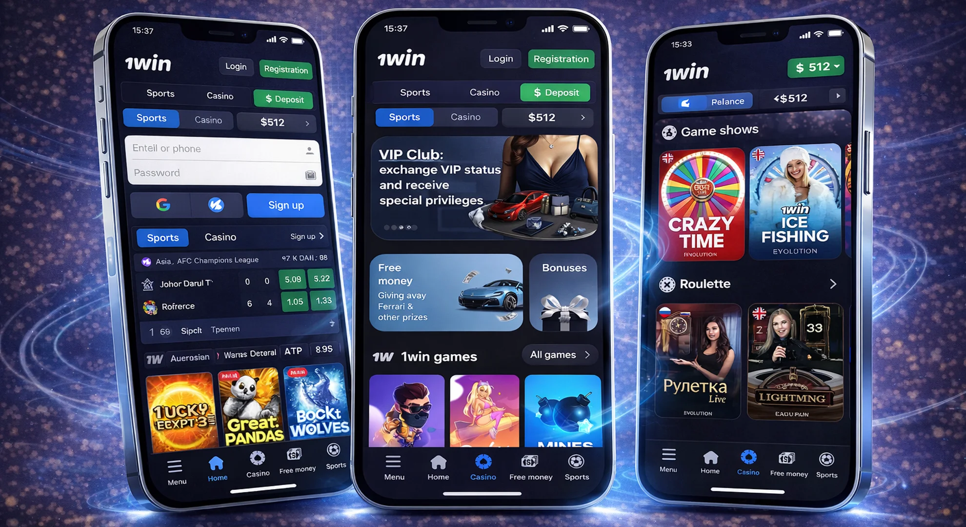 First steps in 1win app showing login registration and sports casino interface on mobile device