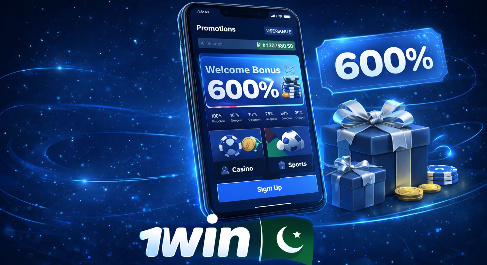1win welcome bonus offer displayed in the promotions section of the mobile app