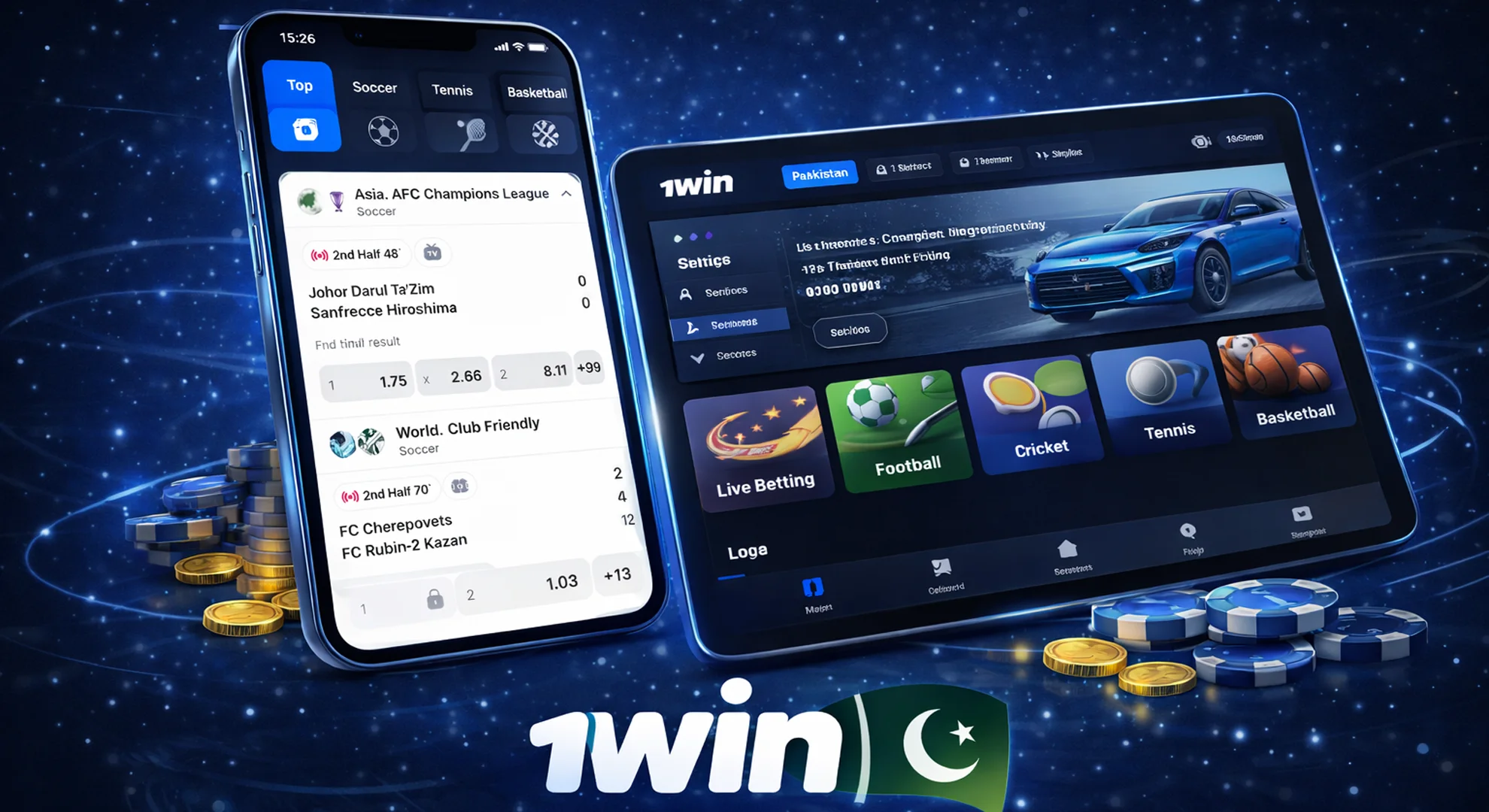 sports betting options available at 1win mobile app showing football cricket tennis matches with live odds