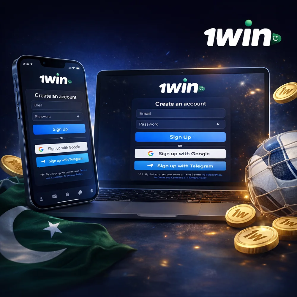 1win registration and login page on mobile and laptop screen in Pakistan