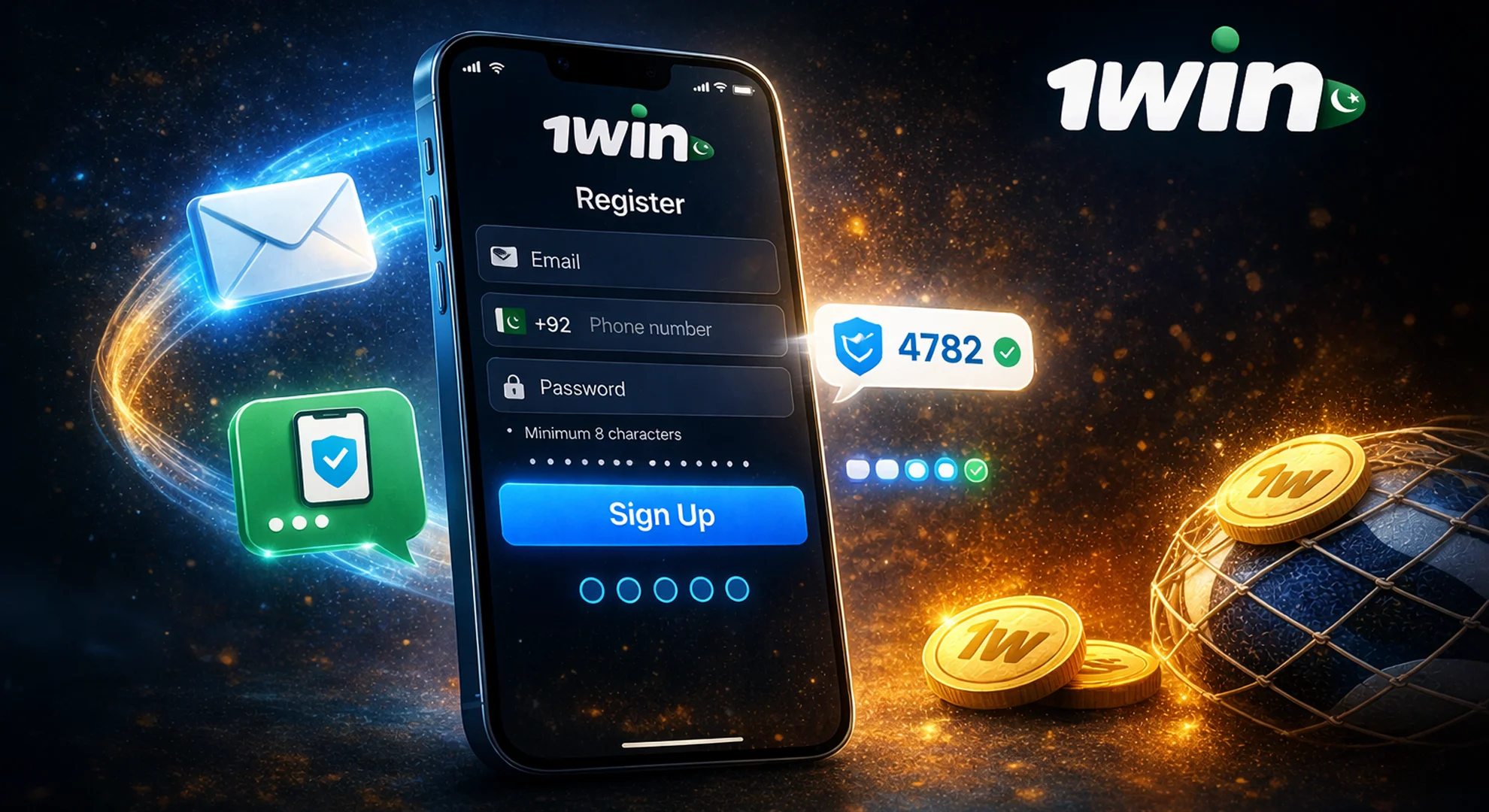 Quick 1win registration via email or phone on mobile device in Pakistan