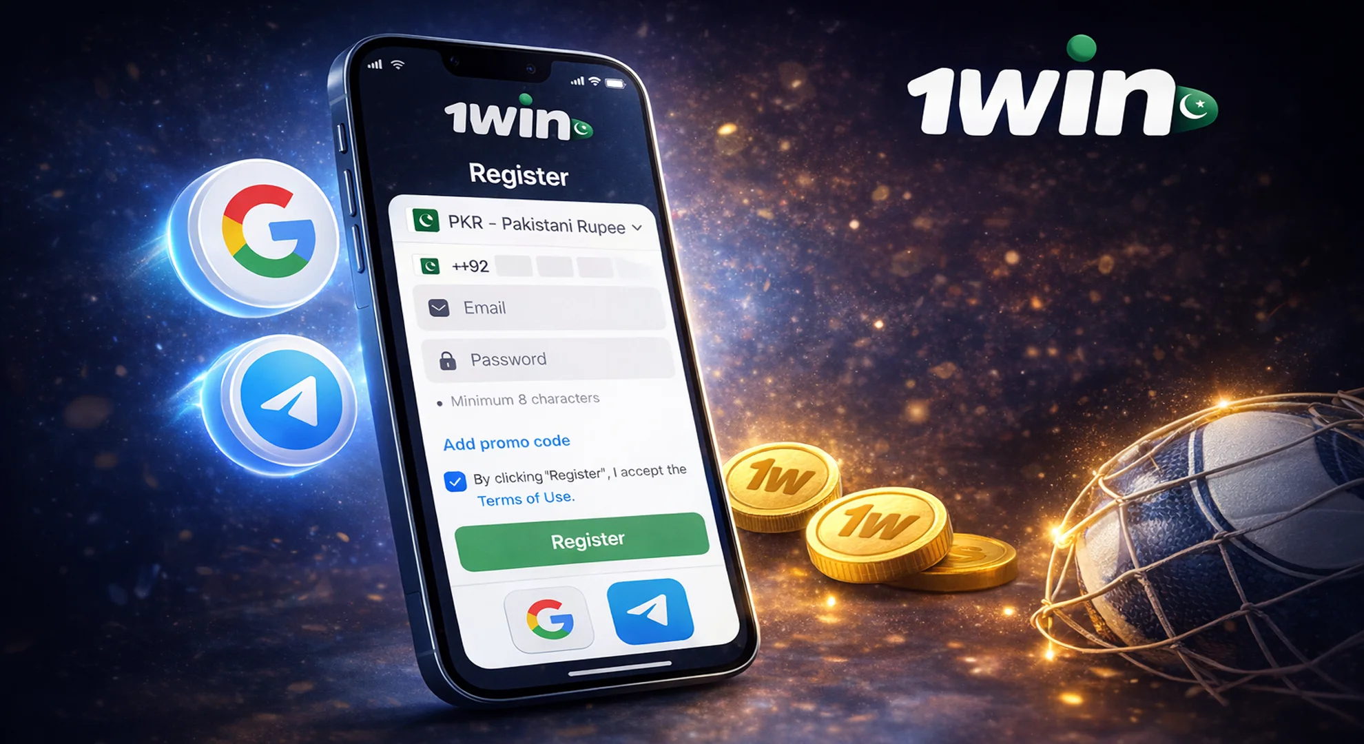 1win registration via social networks using Google and Telegram on mobile device in Pakistan